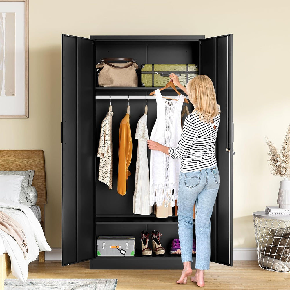 Metal Wardrobe Cabinet with Hanging Rod & Lock,Black Armoire Wardrobe Clo...