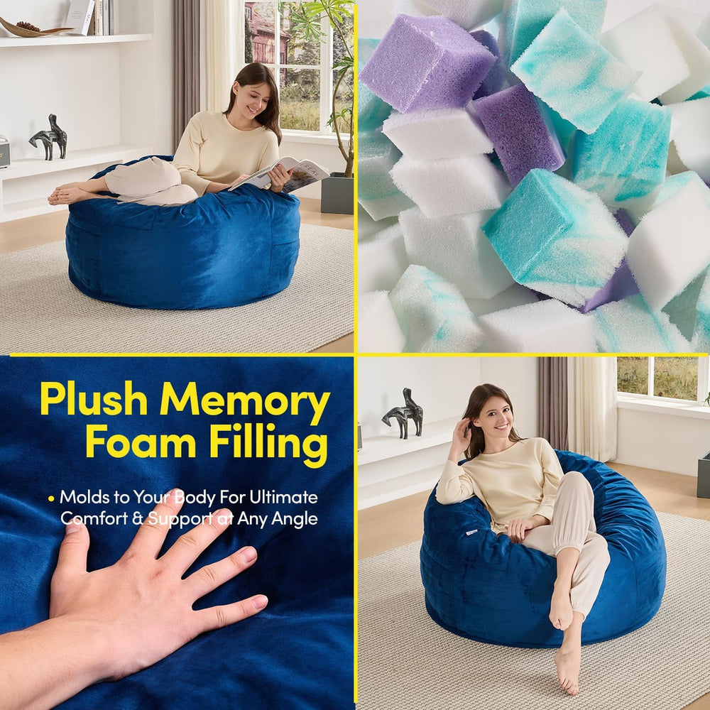 Bean Bag Chair 3ft Memory Foam Sack with Removable Velvet Cover, Ultra Soft F...
