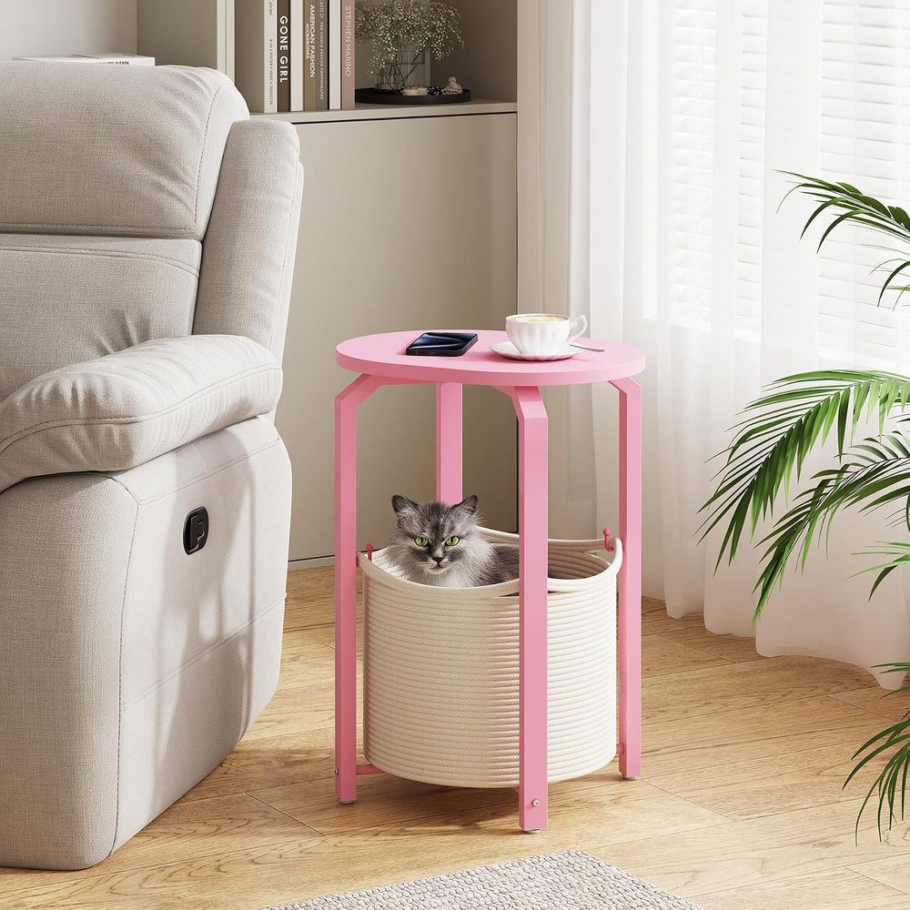 TUTOTAK Oval End Table with Woven Storage Basket, Pink Small Side Table for L...