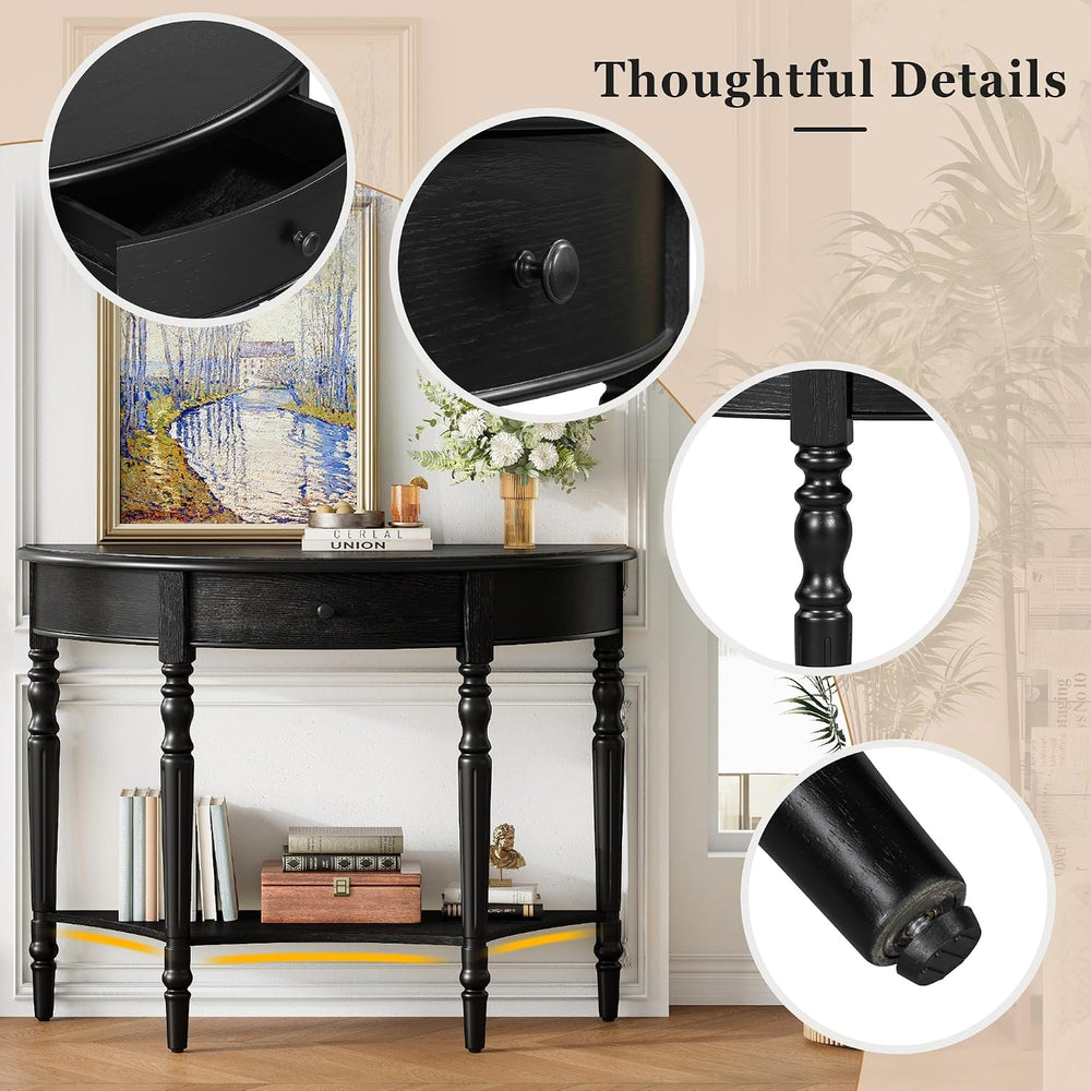 LUMISOL Half Moon Entryway Table with Drawer & Shelf, Black | Rustic Cons...