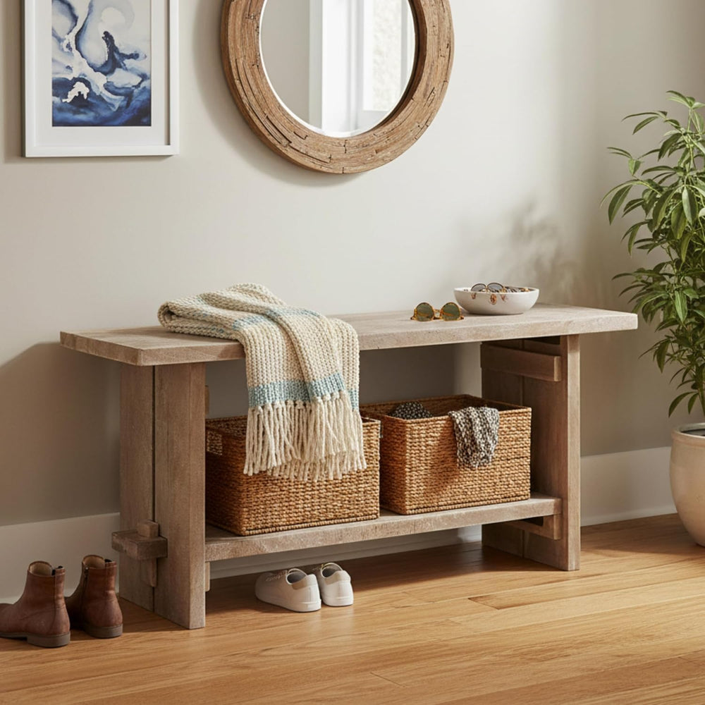 Alaterre Furniture Bethel Entryway Bench with Storage Shelf – Rustic Farmhous...