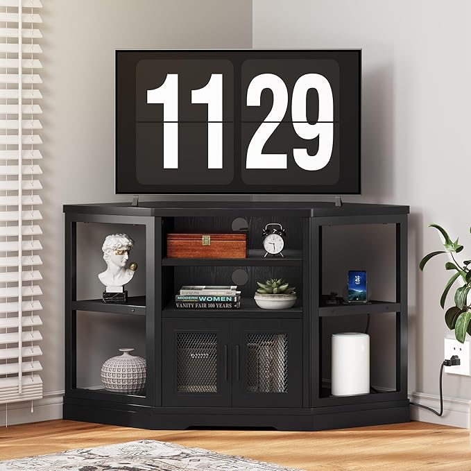 DWVO Corner TV Stand for 50 Inch TV, Farmhouse TV Stands for Living Room, Black Entertainment Center with Storage & Power Outlets, Wood TV Console Cabinet, Black