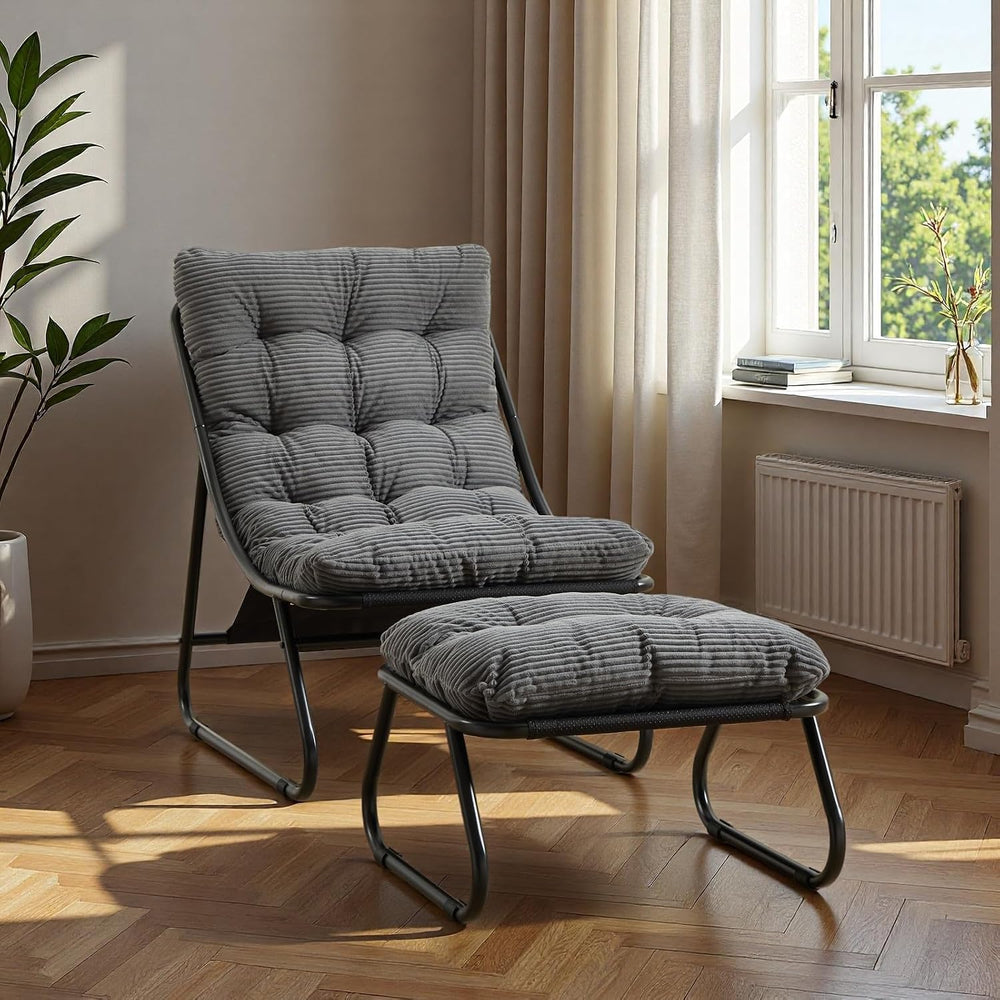 Patio Outdoor Lounge Chair with Ottoman, Armless Lounge Chair with Black Meta...