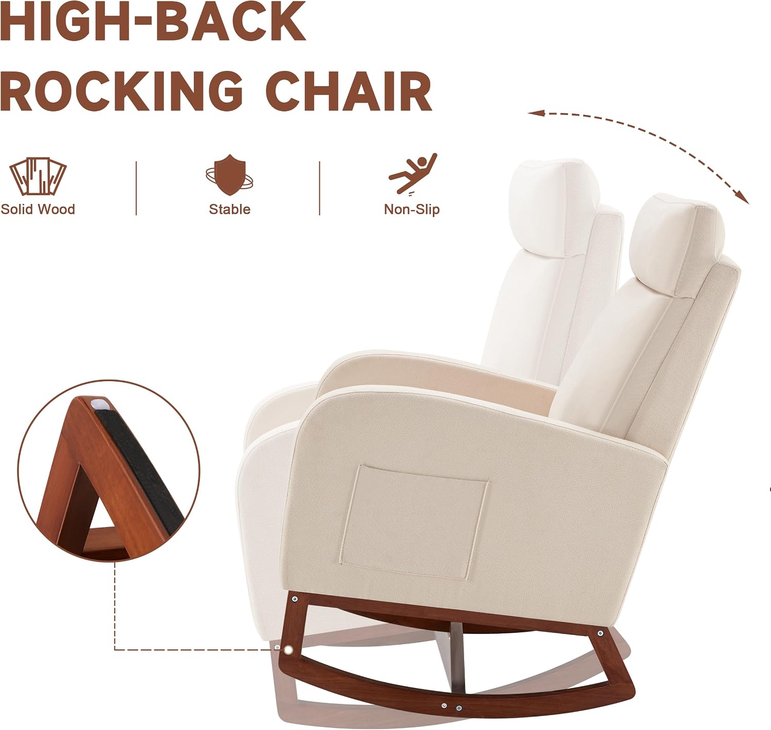 Rocking Chair Nursery High Back Rest Glider Rocker with Footrest Nursing Rocking Chairs Upholstered Accent Arm Chair for Living Room Bedroom Indoor, Beige