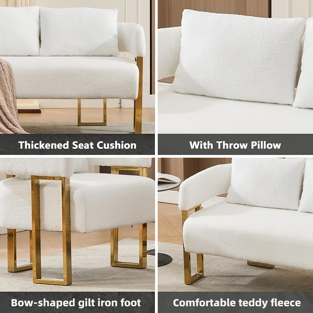 Loveseat Sofa and 2 Modern Accent Chairs no Wheels, Living Room Side Chairs with Golden Metal Legs, Barrel Soft TeddyUpholstered Reading Armchairs for OfficeStudyReception RoomBedroomLounge,White