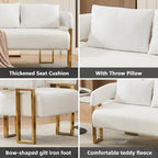 Loveseat Sofa and 2 Modern Accent Chairs no Wheels, Living Room Side Chairs with Golden Metal Legs, Barrel Soft TeddyUpholstered Reading Armchairs for OfficeStudyReception RoomBedroomLounge,White