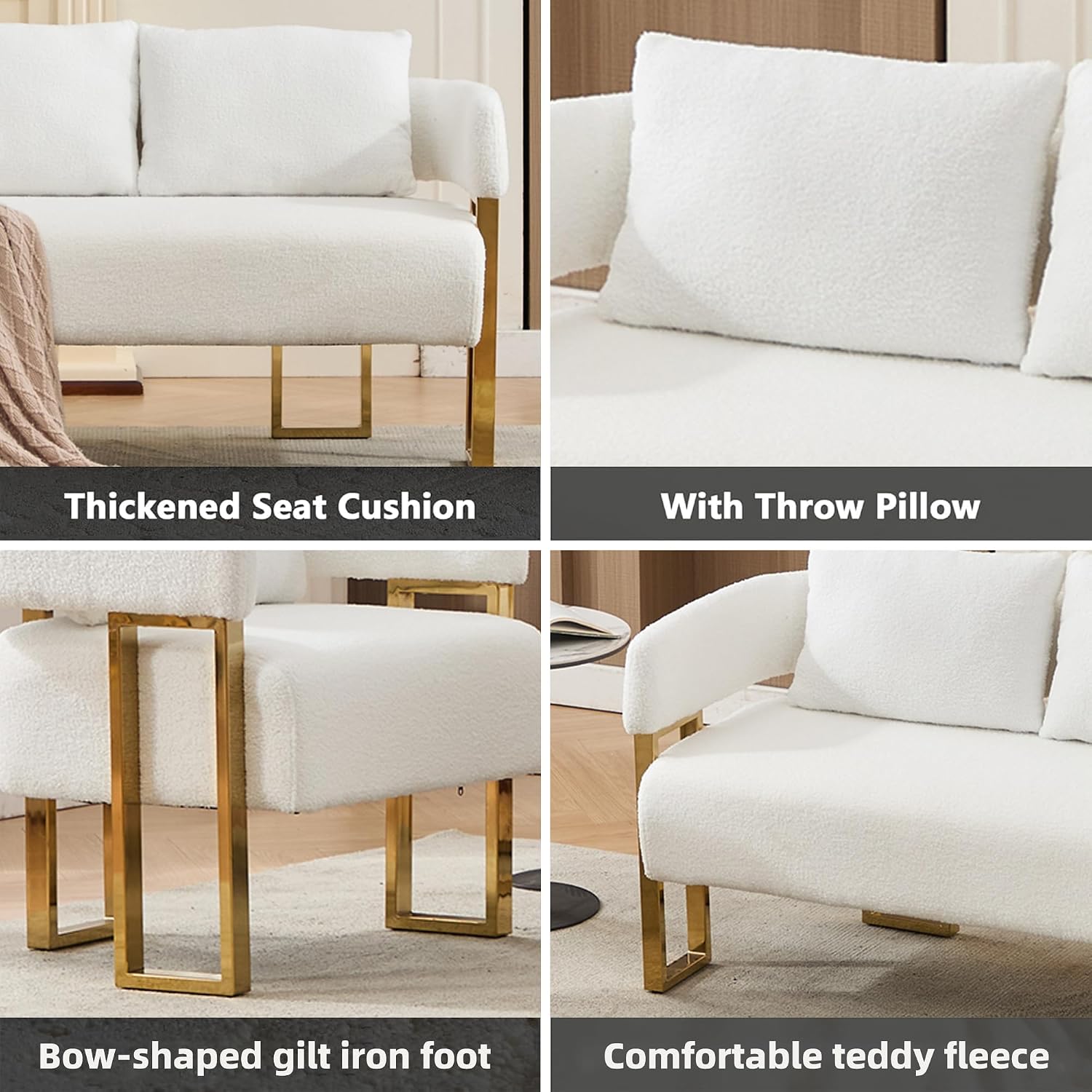 Loveseat Sofa and 2 Modern Accent Chairs no Wheels, Living Room Side Chairs with Golden Metal Legs, Barrel Soft TeddyUpholstered Reading Armchairs for OfficeStudyReception RoomBedroomLounge,White