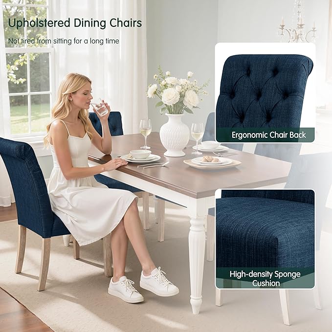 CHUN YI Dining Chairs Set of 2, Button Tufted Upholstered Fabric Dining Room Chairs with Solid Wood Legs and Curved Back, Parsons Side Chairs for Kitchen, Navy