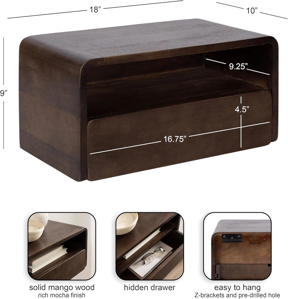 Kate and Laurel Kato Modern Mango Wood Floating Side Table with Drawer, 18 x ...
