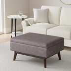 SIMPLIHOME Owen 34 inch Wide Mid Century Modern Rectangle Coffee Table Storage Ottoman in Distressed Grey Taupe Vegan Faux Leather, Assembled, for the Living Room, Entryway and Family Room