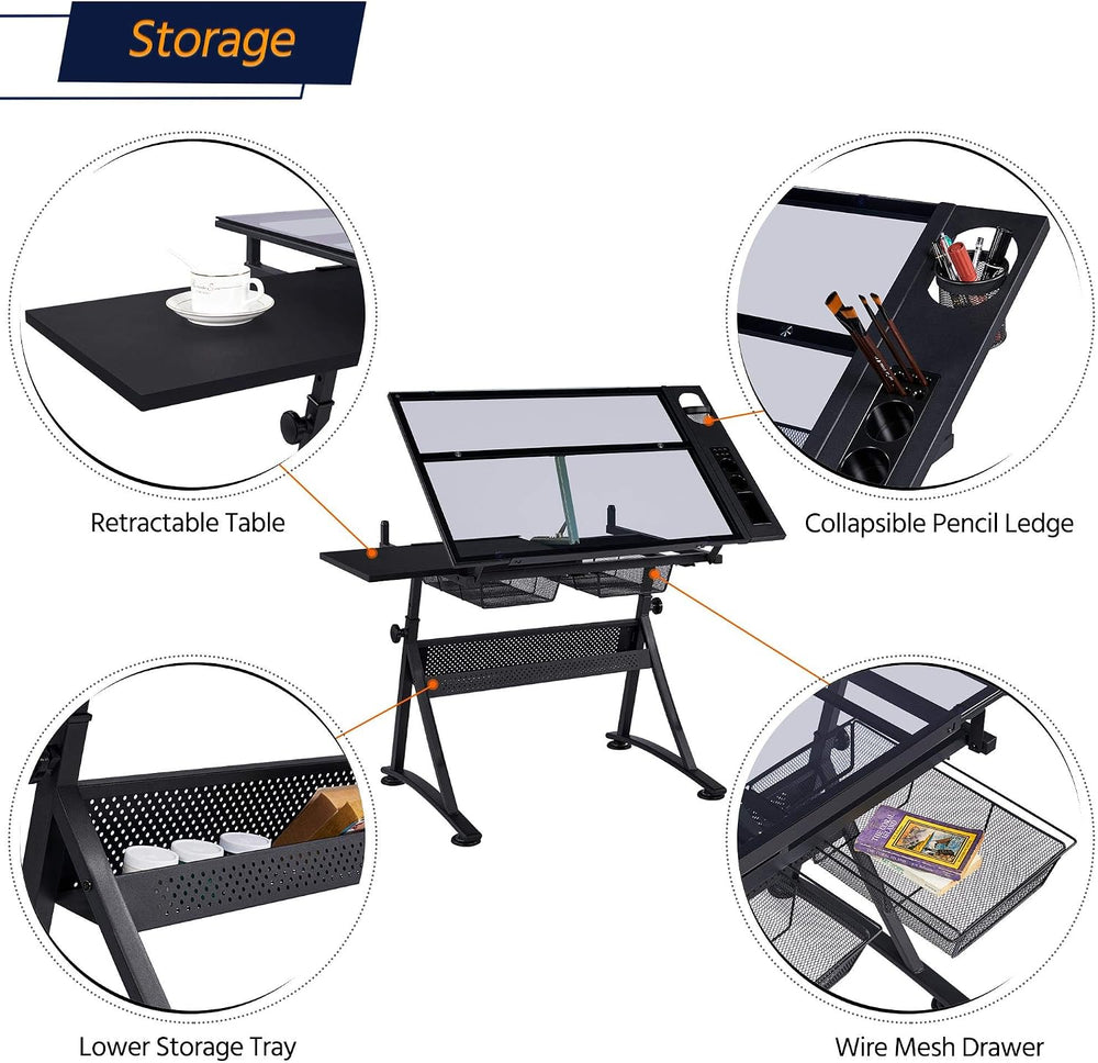 Yaheetech Adjustable Drafting Table & Stool, Tilting Glass Art Desk, Blac...