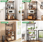SNTD Bakers Rack with Power Outlet, Kitchen Shelves Microwave Stand with Wire Grid and 10 Hooks, 4 Tiers Coffee Stand (Rustic Brown, 23.5 x 15.6 x 52.8 Inches)