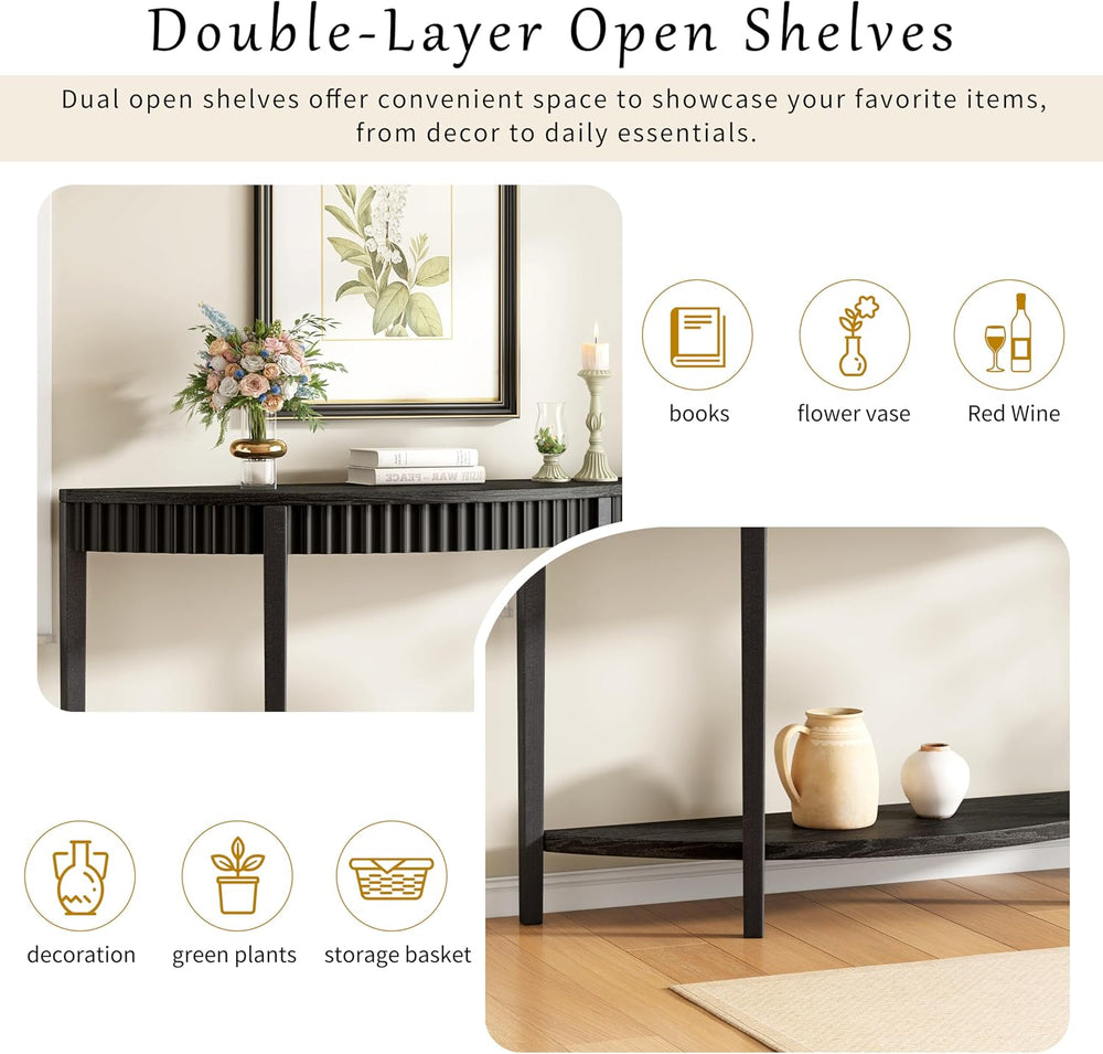 55'' Elegant Half Moon Entryway Table with Wood Veneer and Open Shelf...