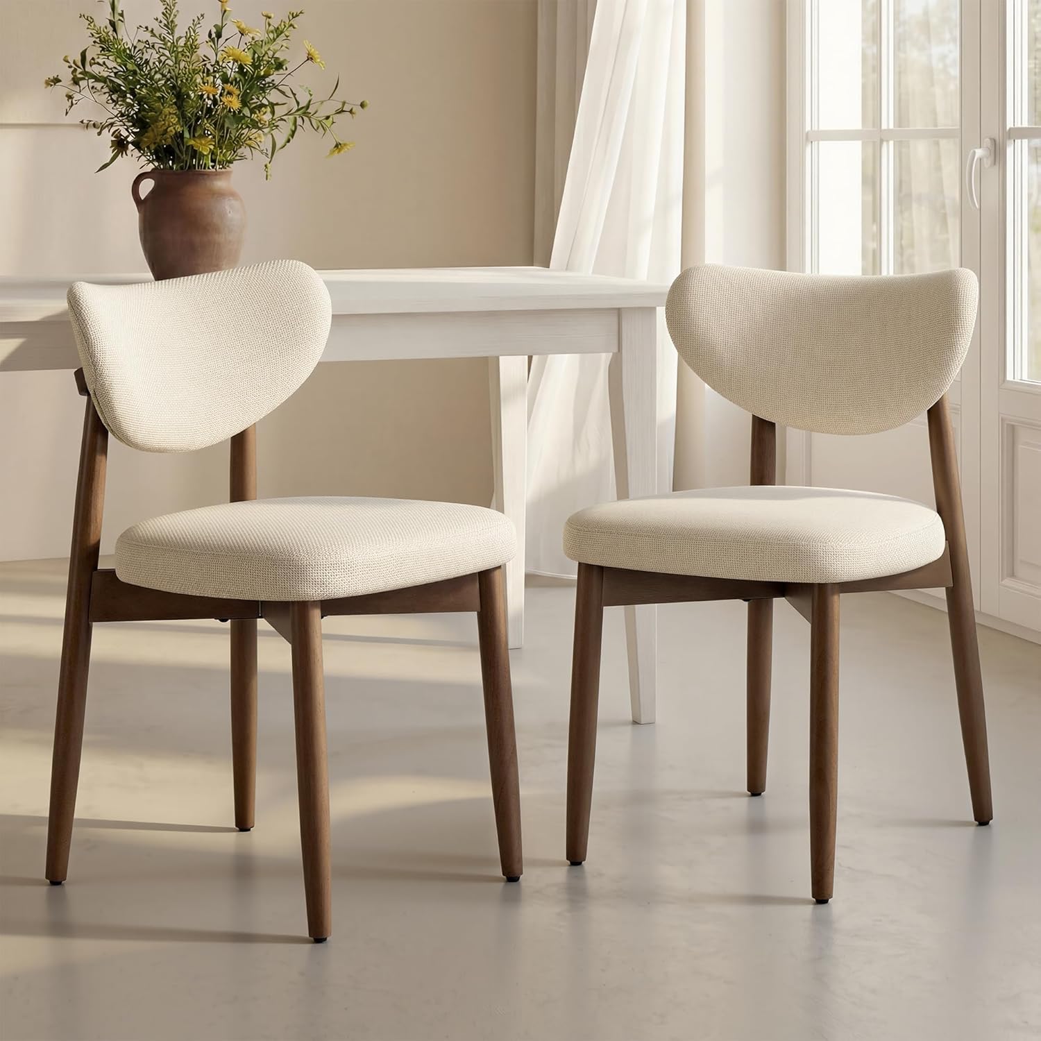 VASAGLE Wooden Dining Chairs Set of 2, Upholstered Kitchen Chairs with Solid Wood Legs, Ergonomic Curved Backrest, Built-in Handle, Mid Century Modern, for Kitchen Dining Vanity, Cappuccino Beige