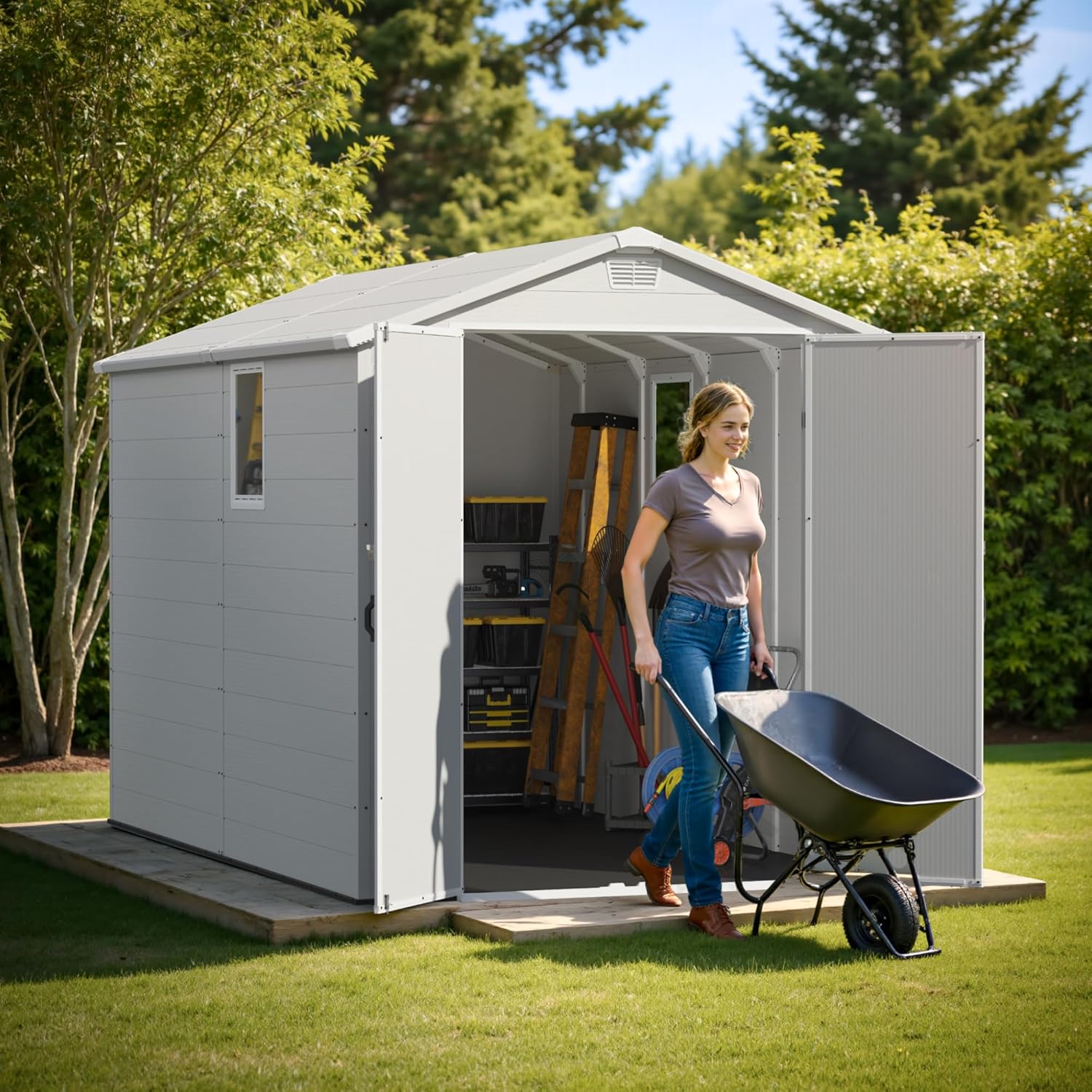Greesum 6×10FT Plastic Outdoor Storage Shed with Floor, Resin Storaged Sheds with Lockable Double Door, Windows & Vents, All-Weather Tool Sheds for Garden, Backyard, Patio, Light Gray