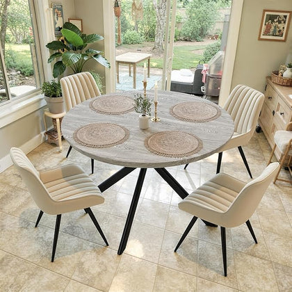47.2" 5-Piece Round Dining Table Set for 4, Modern Wood Dining Table with 4 Upholstered Chairs, Kitchen & Dining Room Table Set with Metal Base for Apartment, Small Space, Grey Table+4 Beige Chairs