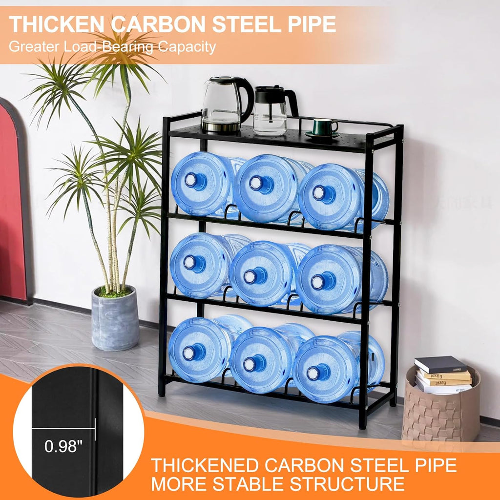5 Gallon Water Dispenser Jug Holder with Top Shelf Heavy Duty Water Cooler Jug Rack and 4 Tier Water Storage Rack with 9 Slots for Gallon Jugs (Black)