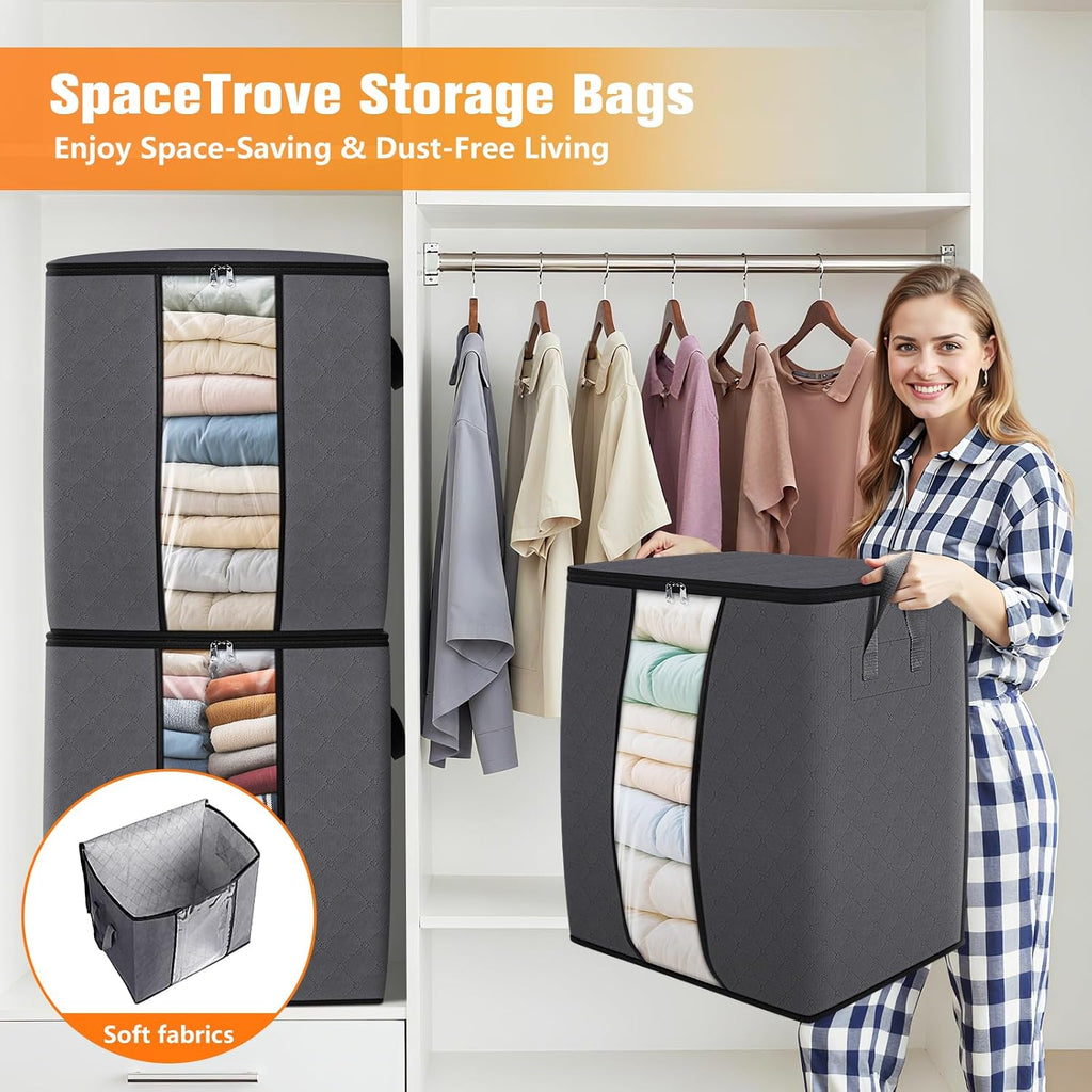 6 Pack Clothes Storage Bags 80L Blanket Storage Containers with Window Grey | Large Comforter Organizer for Closet, Bedding, Quilts, Sheets and Pillows, Foldable Storage Bags for Home Organization