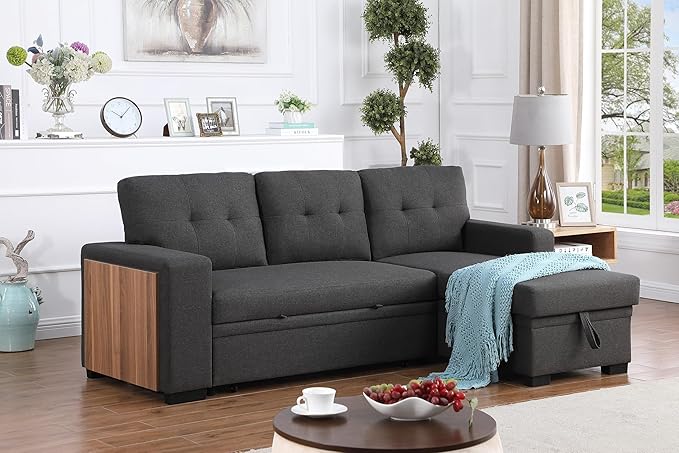 Devion Furniture Garisa 4-in-1 Convertible L Shaped Couch with Pull Out Bed and Storage, Sectional Sleeper Sofa with Reversible Chaise for Living Room, Apartment, Bedroom, Office