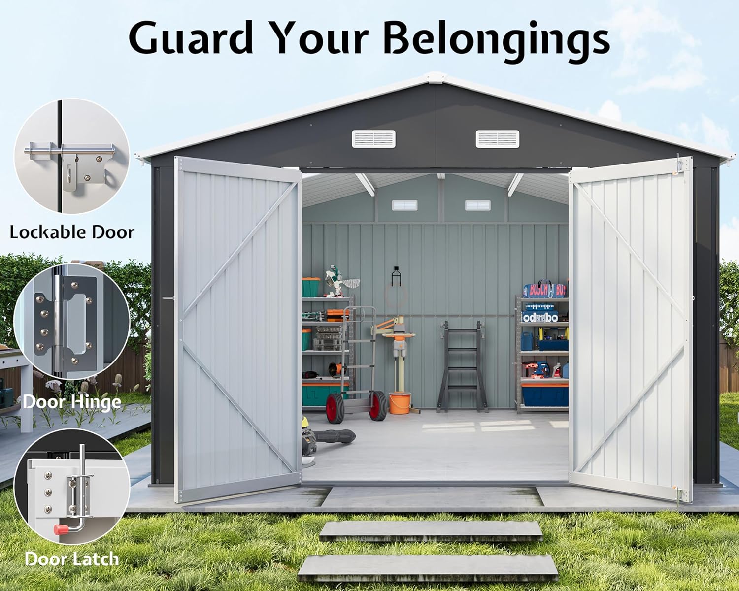 VanAcc 10x12x7 FT Outdoor Storage Shed with 2 Transparent Panels, Metal Garden Shed with Hinged Double Doors, 2 Windows & 4 Vents, Reinforced Steel Frame for Backyard, Garden, Dark Gray