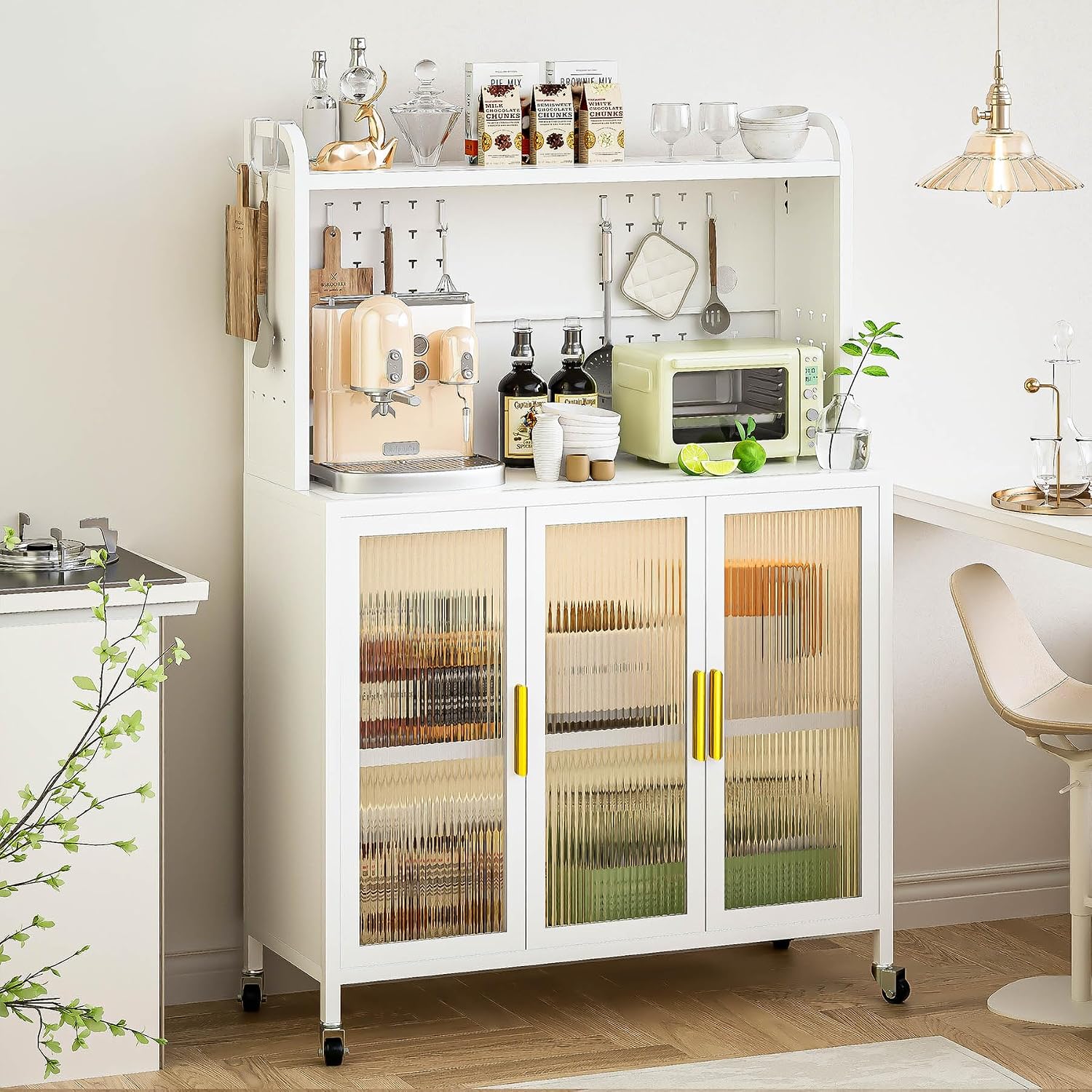 Kitchen Pantry Cabinets, Freestanding Pantry Cabinets with Microwave Stand, Modern Pantry Cabinet with Transparent Door, Kitchen Pantry Cabinet with Versatile Pegboard, Easy to Move, White (White)
