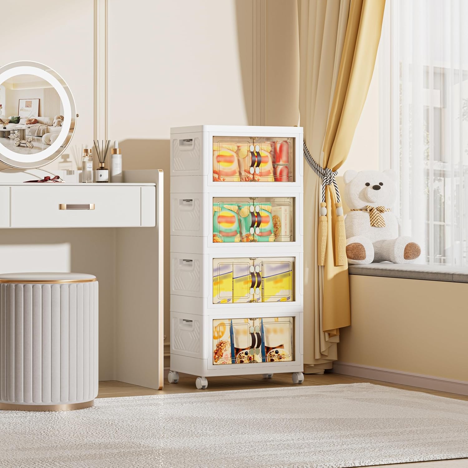104 QT / 26 Gal Multi-Purpose Stackable Storage Cabinet: Double Magnetic Doors, Foldable, Wheels Included, Leather Handles - Ideal for Pantry, Laundry Room, Dorm