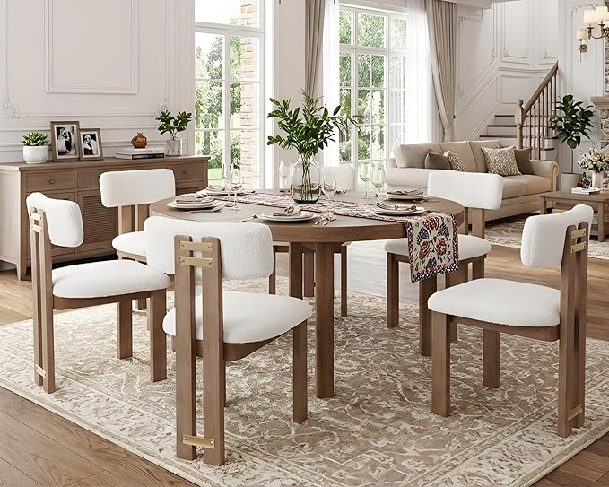 HNY Modern Farmhouse Boucle Dining Chairs Set of 6, White Sherpa Fabric Upholstered Dining Room Kitchen Chairs with Natural Wood Frame & Curved-Back, Armless Accent Wood Chairs for Dining Living Room