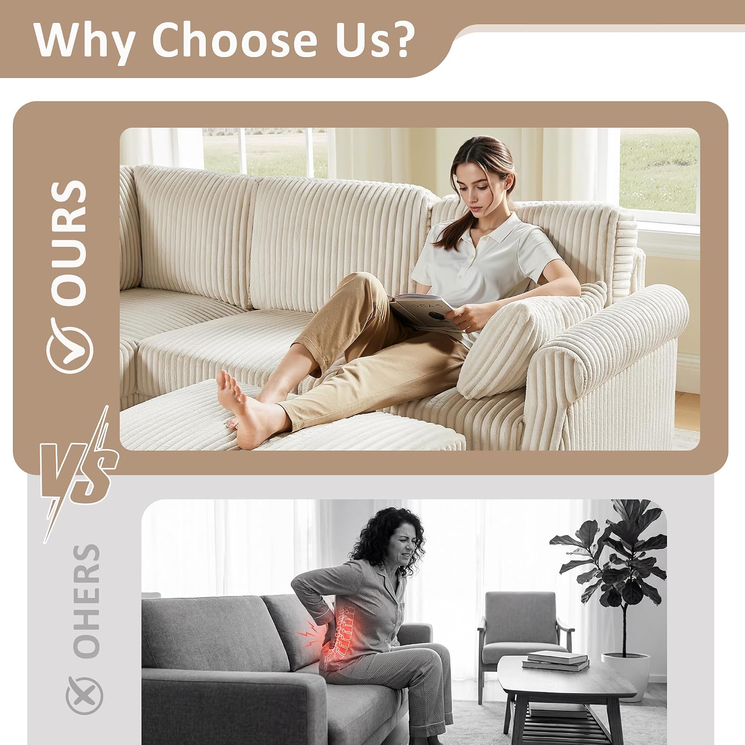 90.6" V-Shaped Sectional Sofa with Storage Ottoman, Corduroy Beige | Cloud Comfort, Couches for Living Room, 5-Seat, Comfy Deep Seat, 2 Throw Pillows, Bedroom, Apartment, Office