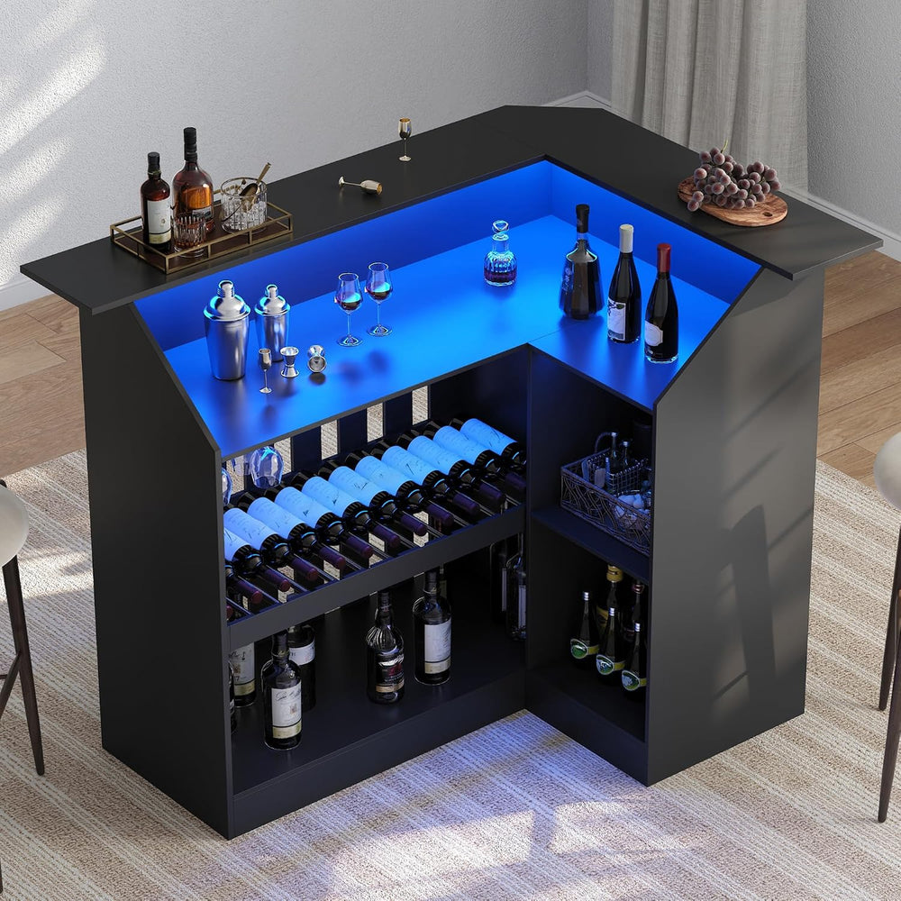 L Shaped Bar Table with LED Light, 4-Tier Corner Wine Bar Cabinet with Stemwa...