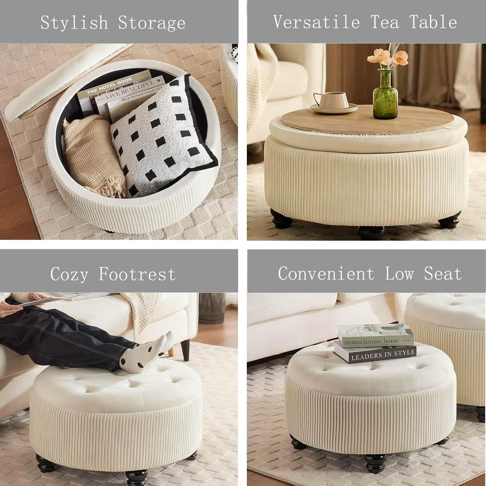 24Inch White Round Storage Ottoman, Upholstered Coffee Table | Modern Tufted ...