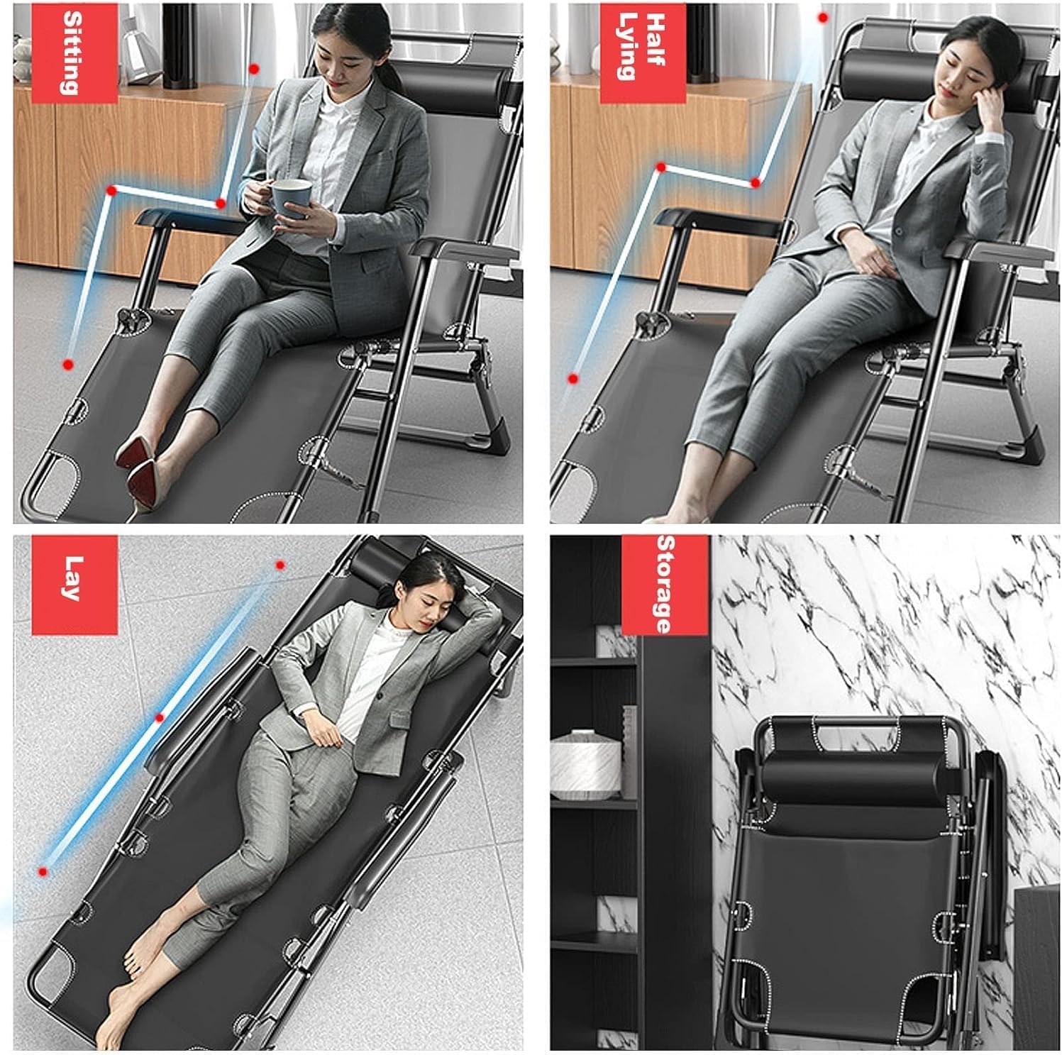 Portable Lounge Chairs Folding Reclining Chairs Sun Patio Chaise Pool Lawn Chaise with Soft Cushion(Recliner)