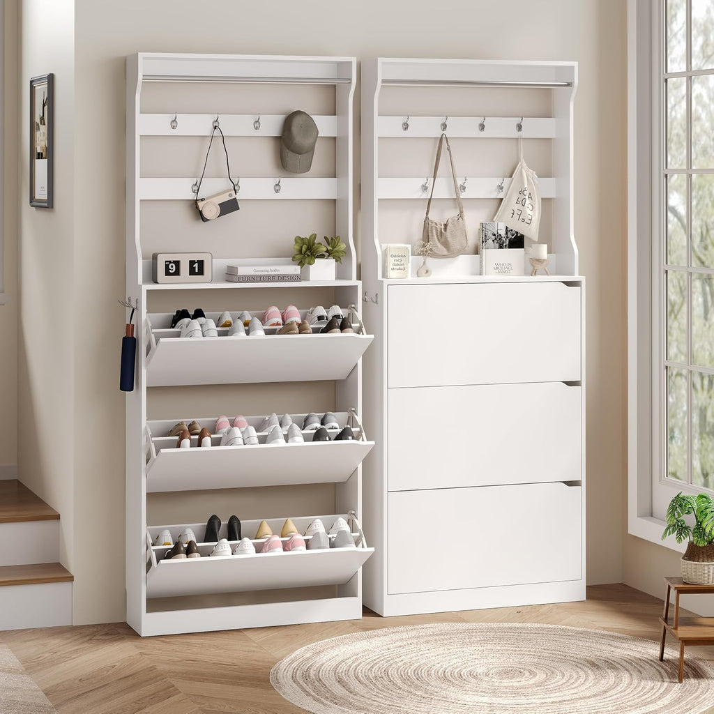 Tall Shoe Cabinet with Coat Rack, Hidden Shoe Storage Cabinet with Doors & Drawer, Hanging Bar & Hooks, Slim Narrow Freestanding Shoe Rack Organizer for Entryway, Hallway & Living Room, White