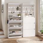 Tall Shoe Cabinet with Coat Rack, Hidden Shoe Storage Cabinet with Doors & Drawer, Hanging Bar & Hooks, Slim Narrow Freestanding Shoe Rack Organizer for Entryway, Hallway & Living Room, White