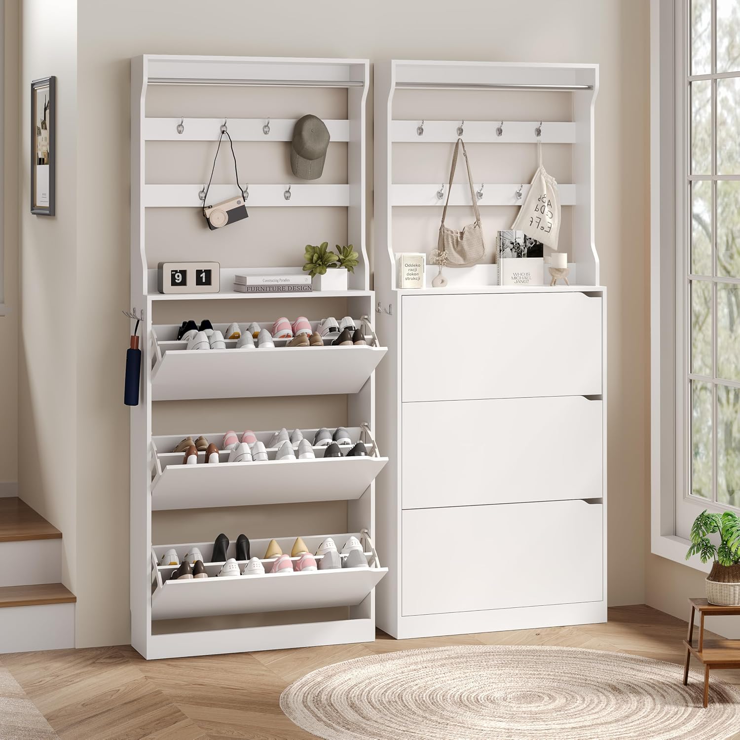 Tall Shoe Cabinet with Coat Rack, Hidden Shoe Storage Cabinet with Doors & Drawer, Hanging Bar & Hooks, Slim Narrow Freestanding Shoe Rack Organizer for Entryway, Hallway & Living Room, White