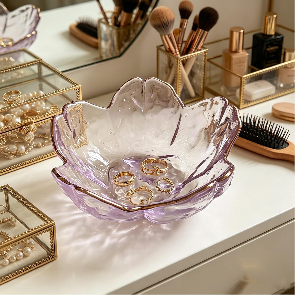 Small Jewelry Dish Tray, Flower Ring Dish Jewelry Tray, Nightstand Decor Glass Trinket Dish, Jewlery Plate Crystal Ring Holder Dish, Gifts Engagement Jewelry Bowl Dish for Rings, Earrings (Purple)