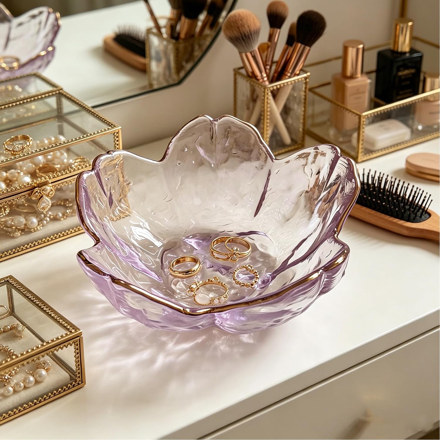 Small Jewelry Dish Tray, Flower Ring Dish Jewelry Tray, Nightstand Decor Glass Trinket Dish, Jewlery Plate Crystal Ring Holder Dish, Gifts Engagement Jewelry Bowl Dish for Rings, Earrings (Purple)