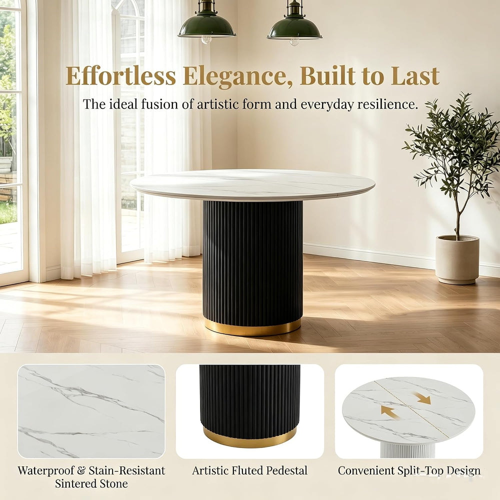 SSLine 41.3 in Round Sintered Stone Dining Table for 4 Fluted Pedestal Base |...