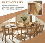 9-Piece Farmhouse Dining Table Set for 8, 59"-94" Extendable Kitchen Table & Upholstered Chairs, Solid Wooden Table with Woven Ratten Chair Living Room Restaurant - Natural/Natural