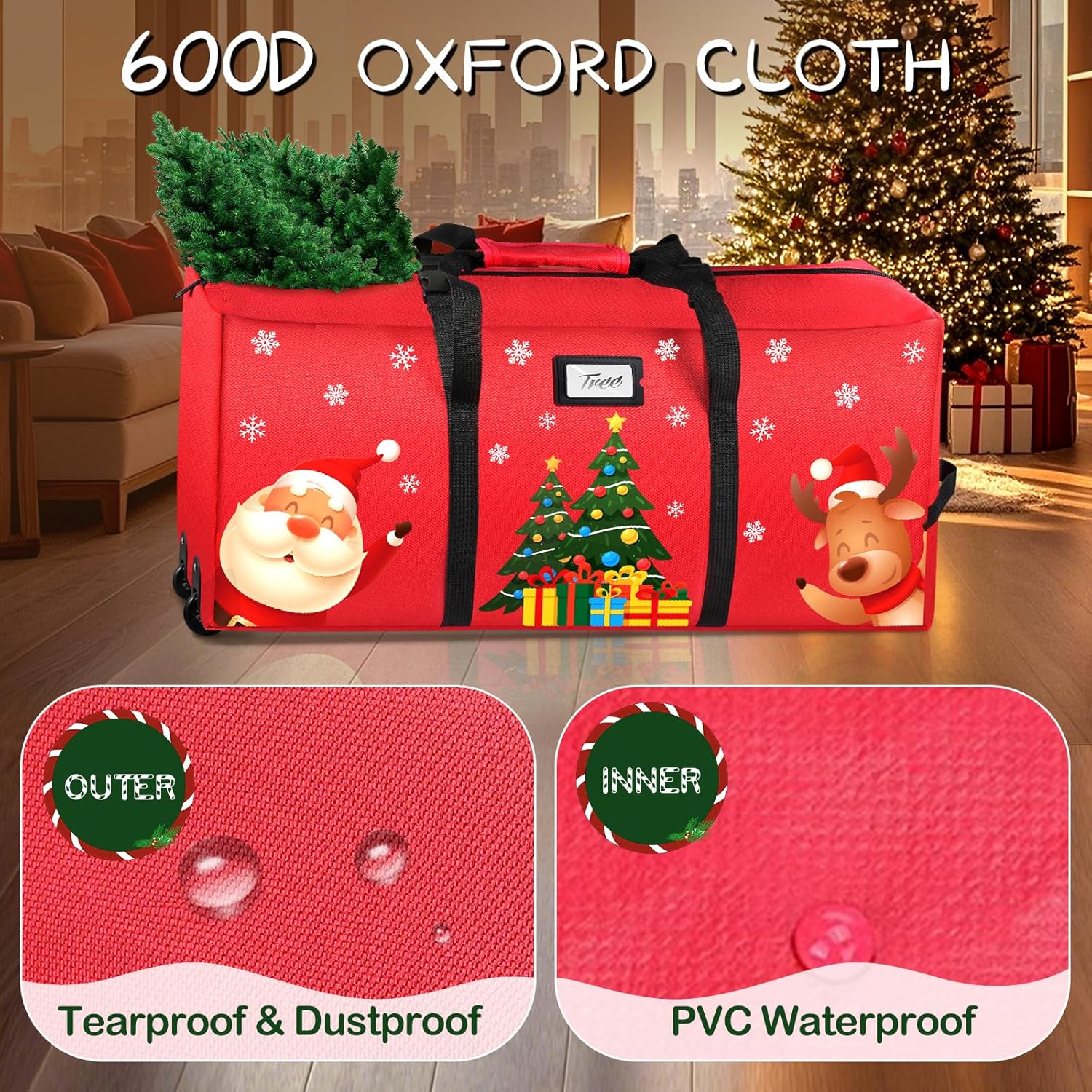 Christmas Tree Storage Bag, Fits Up to 9Ft Xmas Disassembled Tree, Heavy Duty 600D Oxford Christmas Tree Bag Storage Box with Rolling Wheels & Handles, Large Tree Bags for Storage (Red)