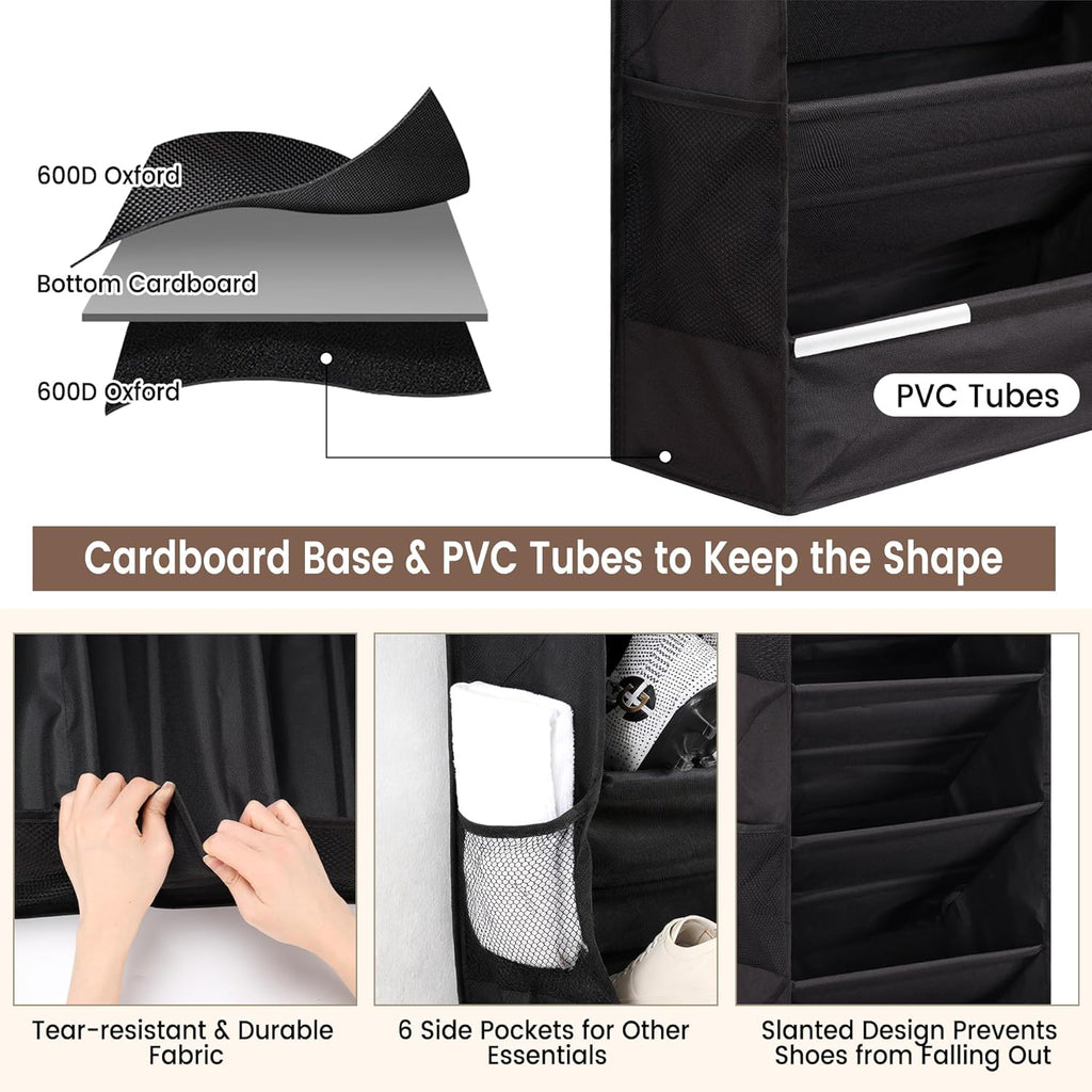 7 Tier Over The Door Shoe Organizer, Hanging Shoe Rack for Closet with Dustproof Mesh Curtain & 6 Side Pockets, Behind The Door Narrow Shoe Holder Hanger for Sneakers, Boots (Black)