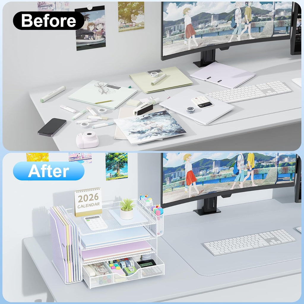 gianotter Desk Organizers and Accessories with File Holder, 4-Tier Desk Accessories & Workspace Organizers with Drawer and 2 Pen Holder, Paper Organizer for Office Supplies (White)