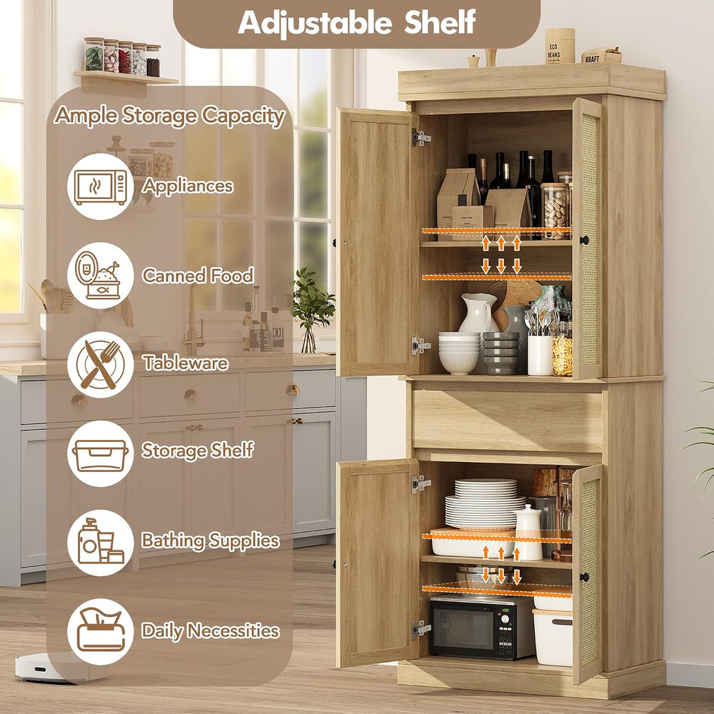 GarveeHome Kitchen Pantry Cabinet, Tall Storage Cabinet with Rattan Doors and...