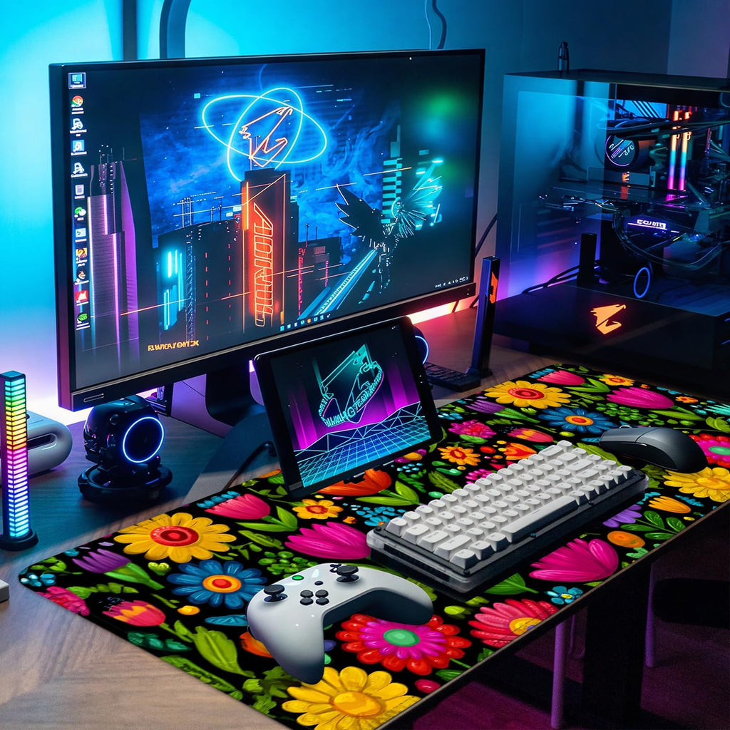 Folk Art Floral Mouse Pad – Large Extended Desk Mat 31.5 x 11.8 in– Colorful Boho Flowers on Black Background, Waterproof Surface, Non-Slip Rubber Base, Oversized Mouse & Keyboard Pad