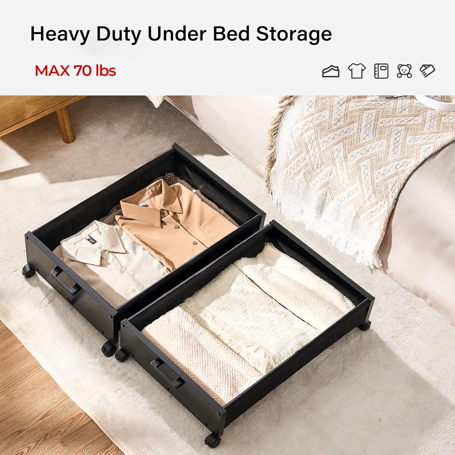 Under Bed Storage with Wheels, Wooden Under Bed Drawers On Wheels, Rolling Under Bed Shoe Storage, Space Saving, Black,30L