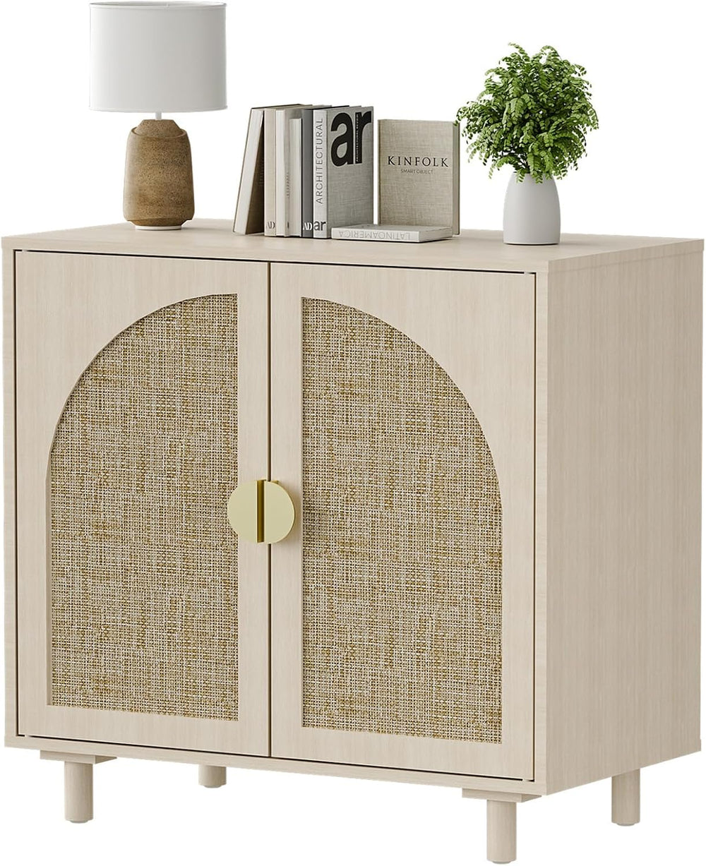 Rattan Sideboard Buffet Cabinet, Wood Storage Credenza Cabinet with Doors and...