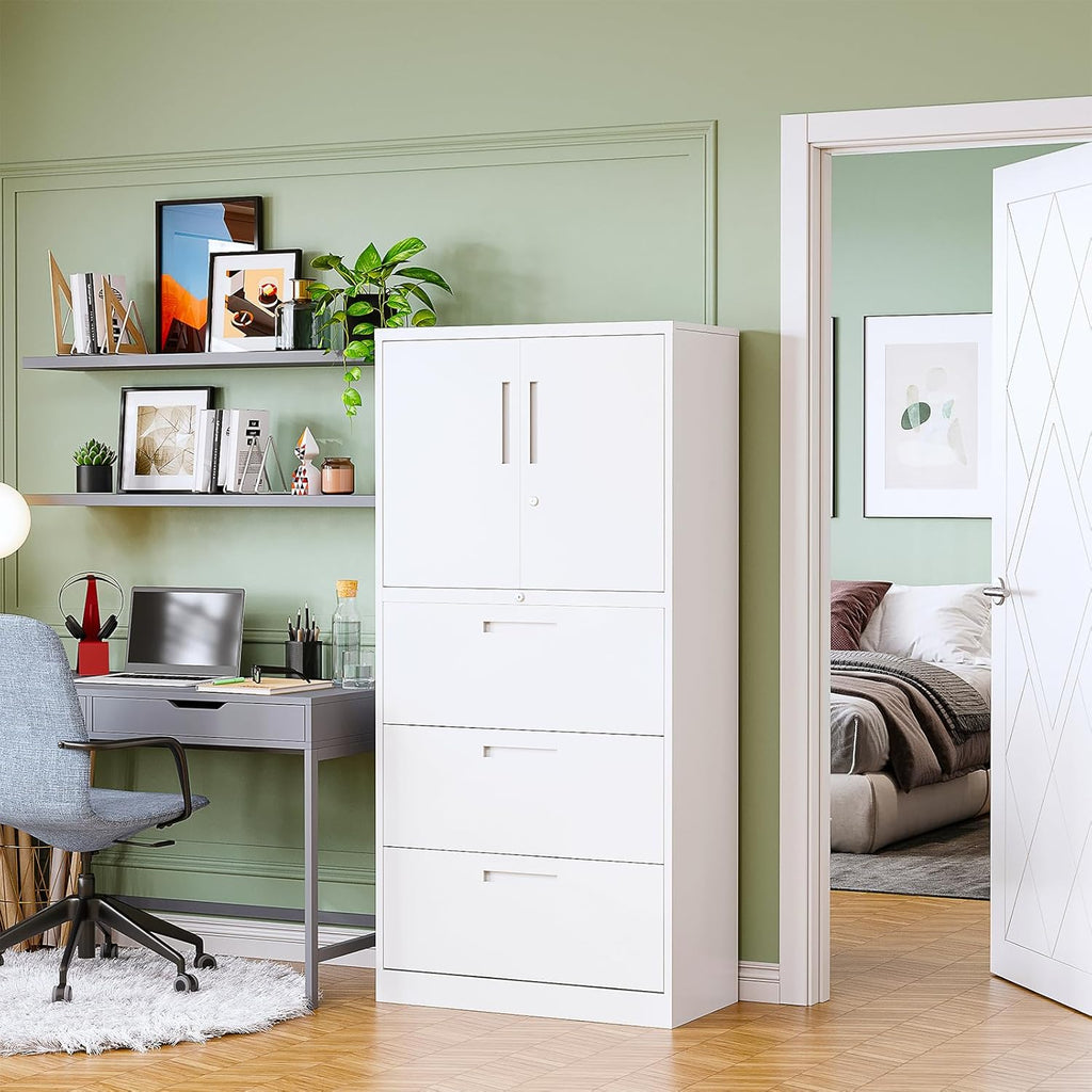 3-Drawer Metal File Cabinet, Lateral Vertical Filing Cabinets for Home Office, Locking Cabinet with Storage Shelves, Legal/Letter/A4 Size Office File Cabinet,(White, Assemble Required)