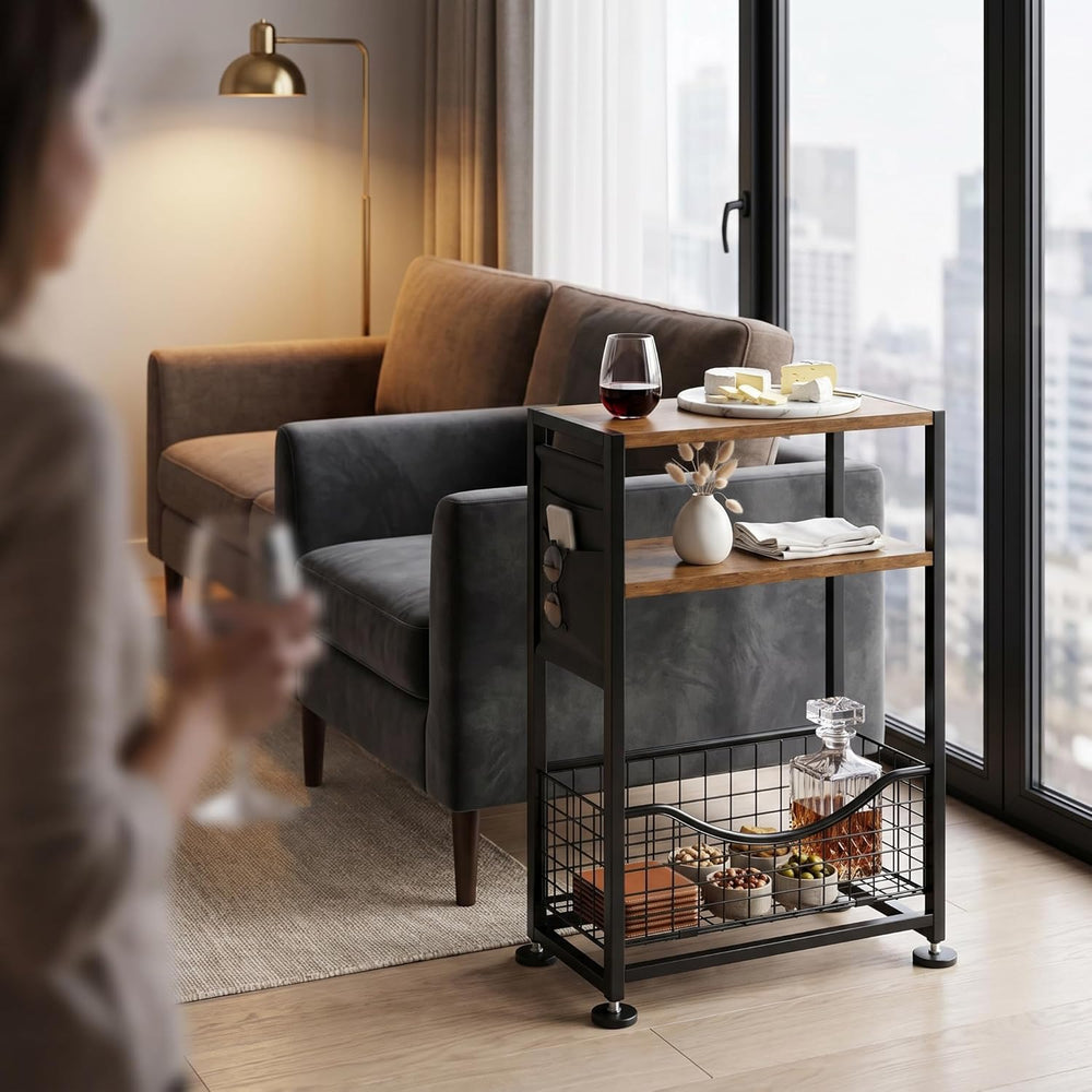 Skinny Side Table with Storage, 3 Tier Slim Side Tables for Small Spaces, Ski...