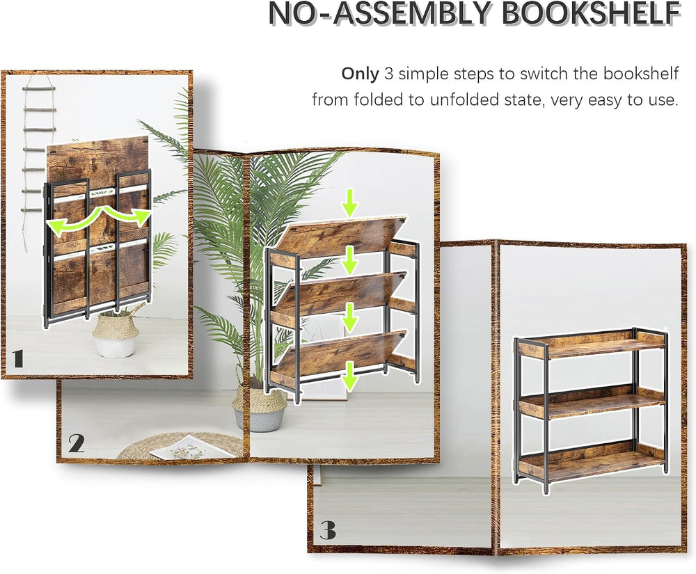 Wide 3 Tier No Assembly Folding Bookshelf Foldable Open Shelf, Rustic Brown