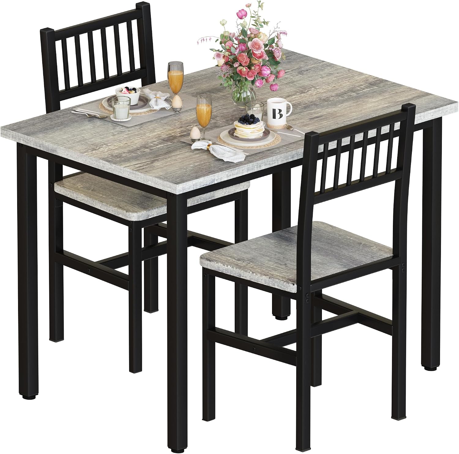 AWQM 3 Piece Dining Table Set for 2, Small Kitchen Table Set for 2 with Chairs,Wood Breakfast Nook Table and Chairs Set of 2,Dinette Set for Small Space,Dining Room,Apartment, Grey