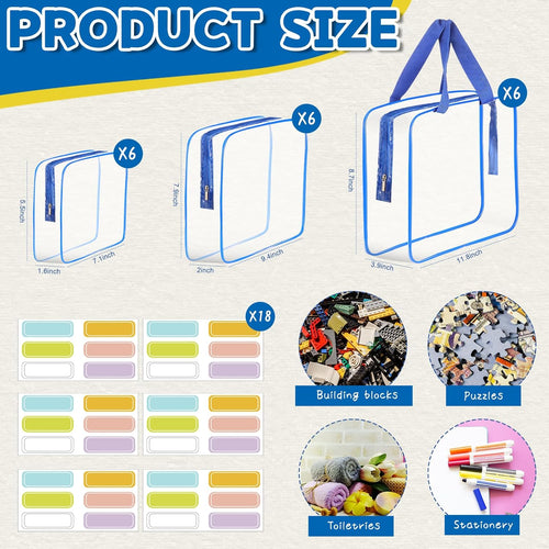 18 Packs Large Toy Storage Bags with Labels, Clear PVC Bags Travel Waterproof Kids Toy Organizer Bags with Zipper for Building Blocks Puzzle Kids Books (Blue-3 Size)